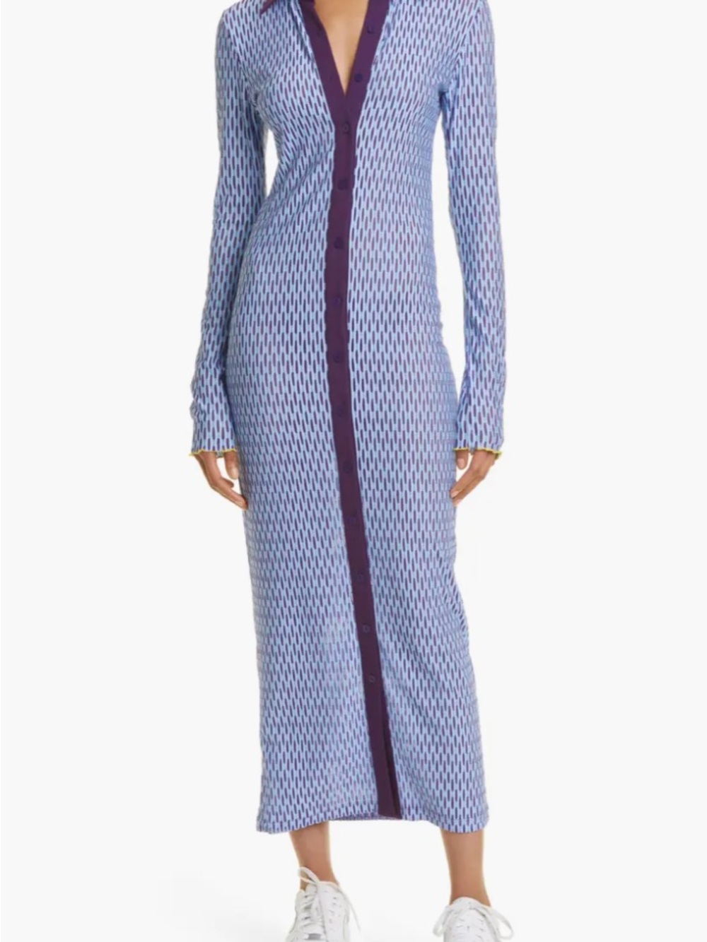 Virgo Long Sleeve Blue Patterned Maxi Dress with Purple Trim